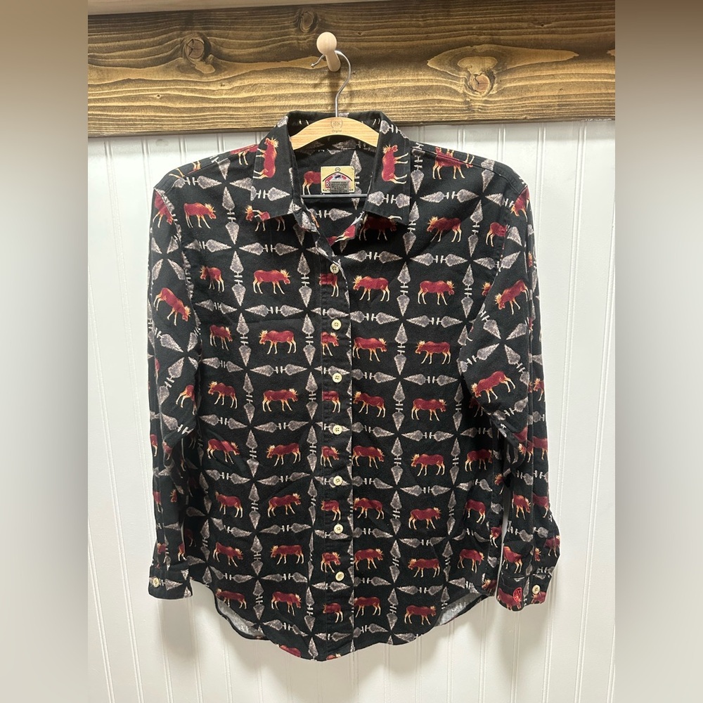 Vintage Barn Fly Moose Arrowhead Button Down Shirt Sz S Western Yellowstone